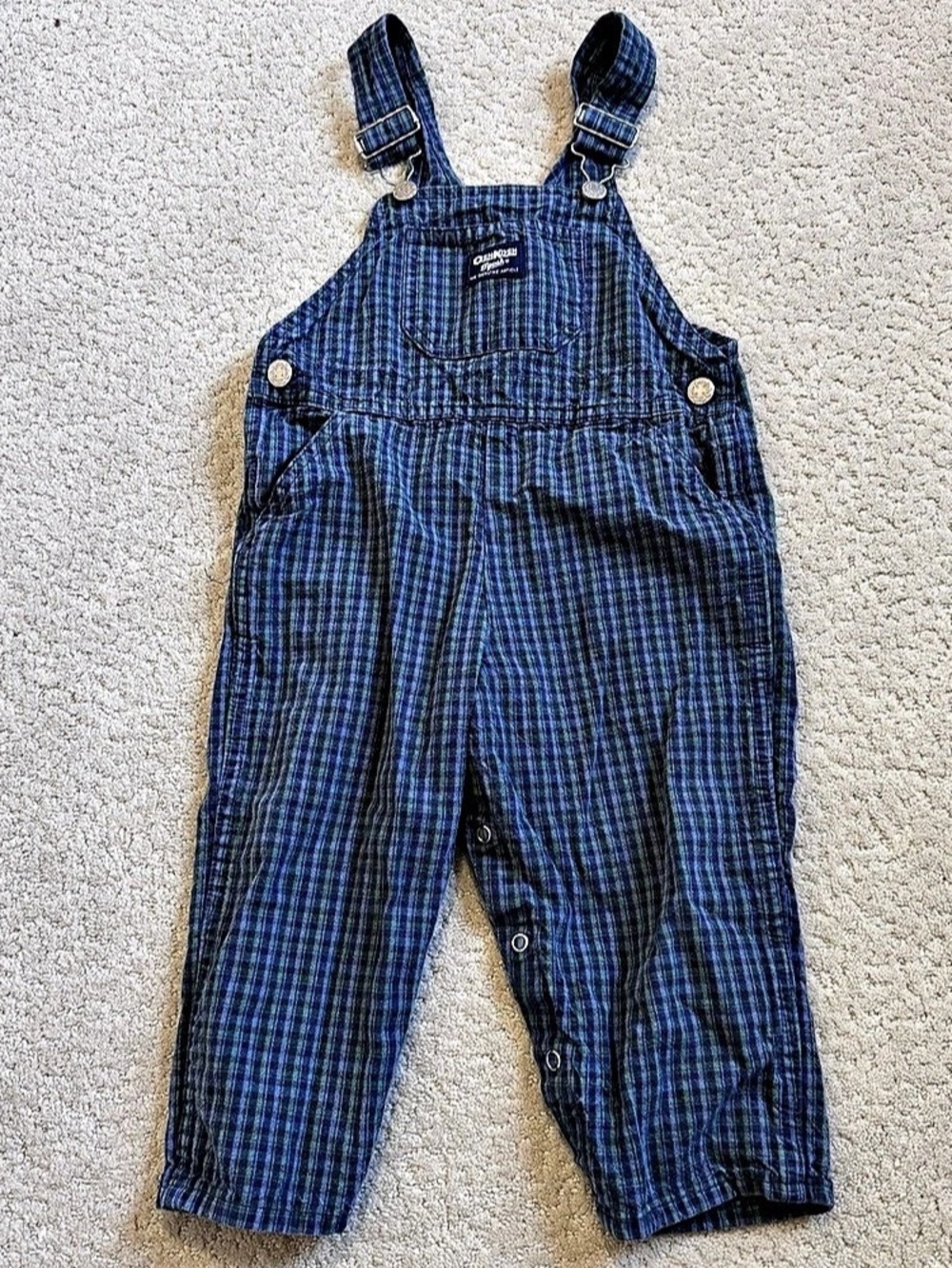 Vintage OshKosh B'gosh Green Blue Plaid Stripe 100% Cotton Overalls Size 4T